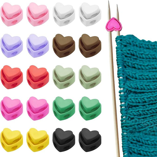 Ravlzors Knitting Needle Stoppers - 20PCS Heart Cord Locks Point Protectors | Suitable for Sizes 0-5 Needles, Double Hole Knitting Accessories for Hand DIY Supplies