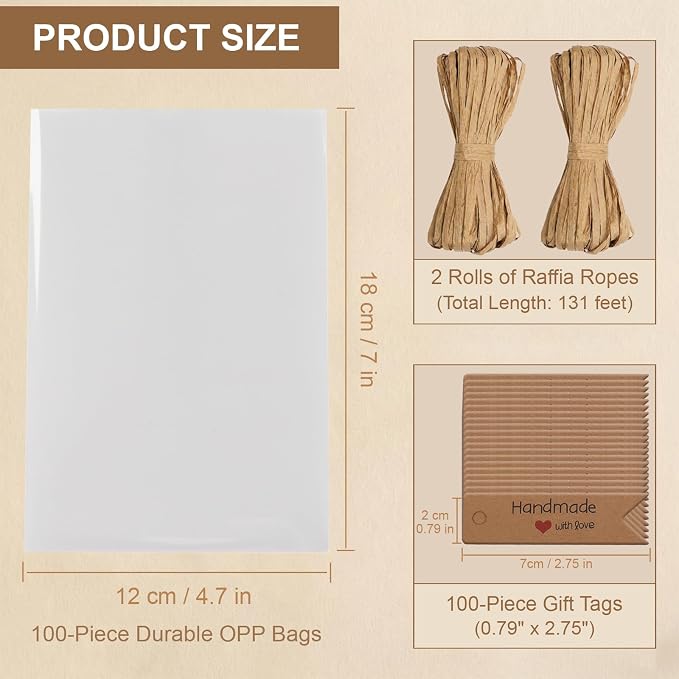 100 Pcs Clear Cellophane Bags 4.7x7" with Raffia Rope & Handmade with Love Tags for Packaging Soap Cookies Candy, Goodie Bag Wrappers for Wedding Christmas Craft Gift Birthday Party Baking Favor Supplies (Brown Tags)