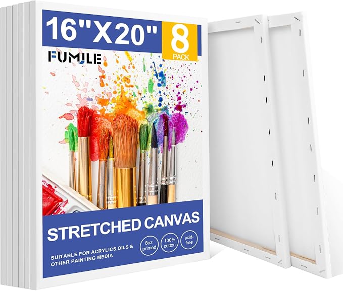 FUMILE 16x20 Canvas for Painting Stretched, 8 Pack Canvases for Painting-5/8 in Profile Primed White Blank Painting Canvas Value Pack for Oil & Acrylic Paint