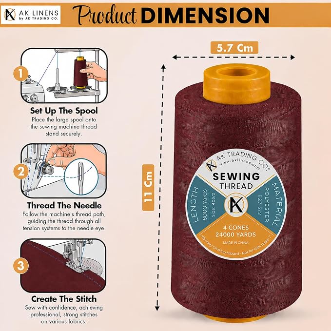 AK Trading 4-Pack Burgundy All Purpose Sewing Thread Cones (6000 Yards Each) of High Tensile Polyester Thread Spools for Sewing, Quilting, Serger Machines, Overlock, Merrow & Hand Embroidery.