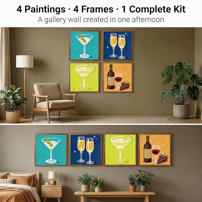 Amphol 4 Pack Framed Paint by Numbers Kit for Adults, Vintage Bar Easy Paint by Numbers for Beginners with Frame, 10x10 Inch Framed Wine Oil Painting Art on Canvas for Home Wall Decor and Gift
