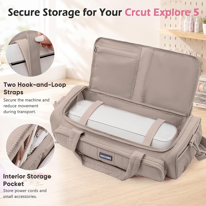 AMOIGEE Puff Carrying Case for Cricut Explore 5, Quilted Storage Bag for Die-Cutting Machine, Travel Craft Tote with Pockets for Vinyl, Tools, Mats and Cricut Accessories and Suppliers