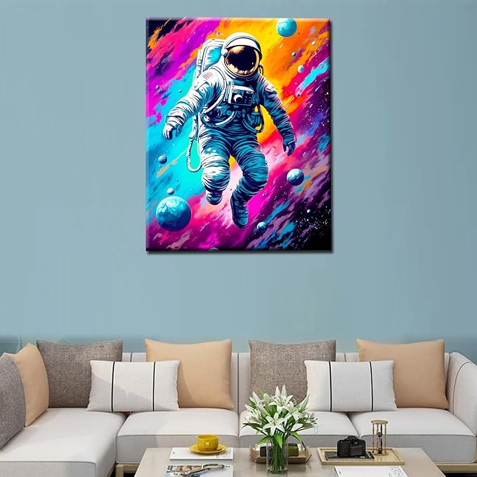 Planet Astronaut on Galaxy Paint by Bumbers for Adults Graffiti Outer Space DIY Paint by Numbers Acrylic Paint Canvas Kitchen Decor Planet Pop Art Painting Kits Pop Decor 16x20 Inch（without Frame ）