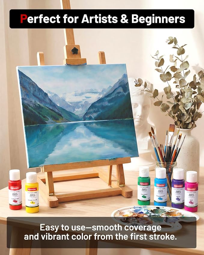 Fantastory 60ml 24 Colors Acrylic Paint Set with 12 Brushes | Waterproof, Great for Artwork & DIY Projects on Canvas, Wood, Glass, Clay, Fabric, Ceramic, Paper