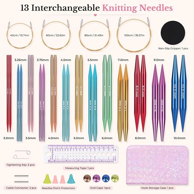 Katech 13 Pairs Interchangeable Circular Knitting Needles (3.0mm~10.0mm) | Knitting Needle Set with Flexible Cables-Perfect for Sweater/Beanie Hat/Blanket/Afghan/Socks-Ideal Gift for Beginners