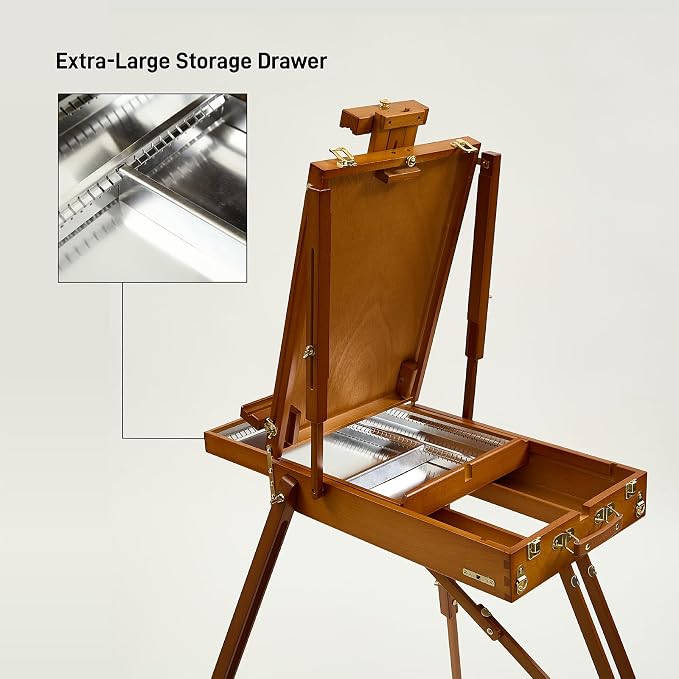 ATWORTH French Easel for Painting, Deluxe Beech Wooden Field & Studio Sketchbox Easel Stand with Metal Side Tray, Portable& Easy Transport for Painting Outdoor, Holds Canvas up to 34"- Light Walnut