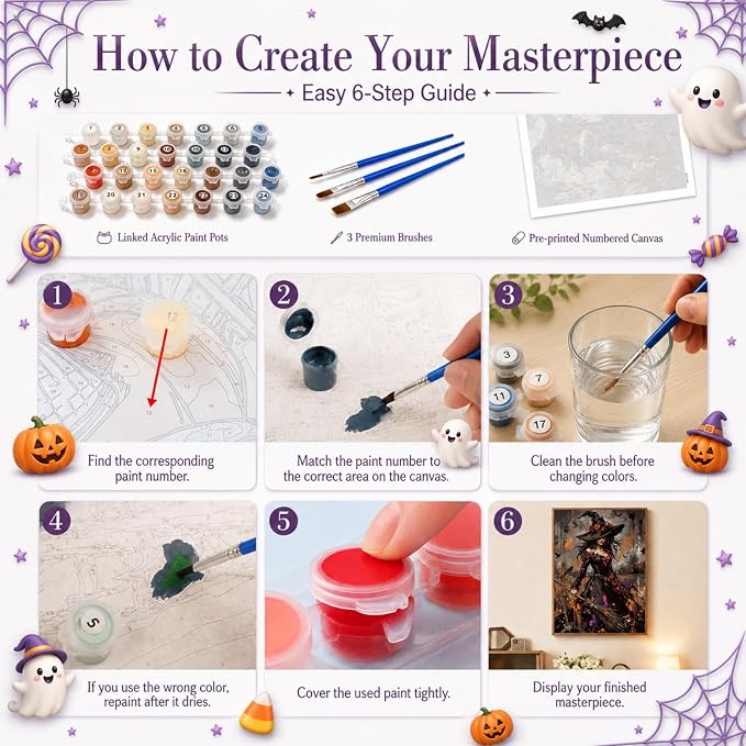 TELMOXA Halloween Paint by Numbers Kit for Adults, 16x16 in | Witch Adult Paint by Number Kits, Acrylic Oil Painting, Colored Canvas, Painting Kit, DIY Craft Kits, Gifts, Home Wall Decor
