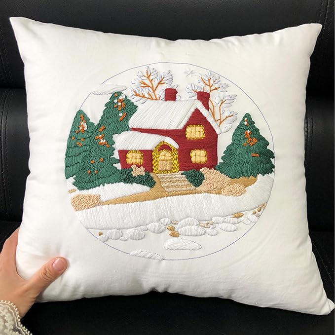 FONNUY Christmas Embroidery Kit for Beginners, Throw Pillow Case Cross Stitch Set Winter Snow House Holly Tree Pattern for Adults, Hand Works Crafts Throw Pillow Cover, 18 x 18'' (White)