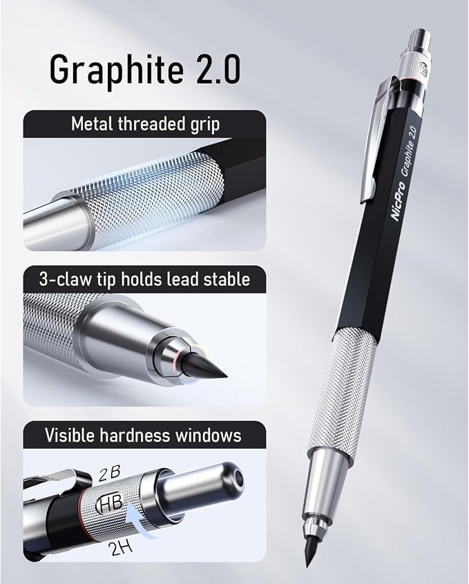 Nicpro 2mm Metal Mechanical Pencil Set with Case, 2PCS