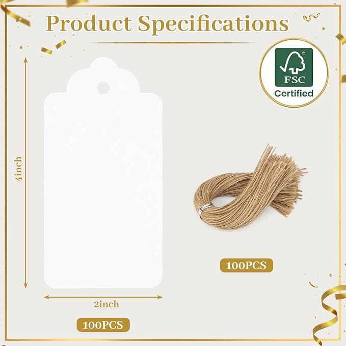 SallyFashion Large White Gift Tags with String, 100 Pack 2 X 4 inch | Scalloped Edge, Natural Jute String, Pre-Punched Design, Retail Price Tags and Wish Tree Cards