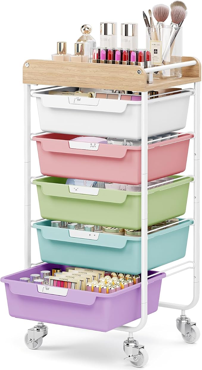 SYKIARIOL Utility Cart with 5 Labeling Drawers and Wooden Tabletop | Rolling Storage Cart for Crafters, Artists, Kids, Teachers, and Students – Organize Arts, Crafts, Sewing & Study Supplies