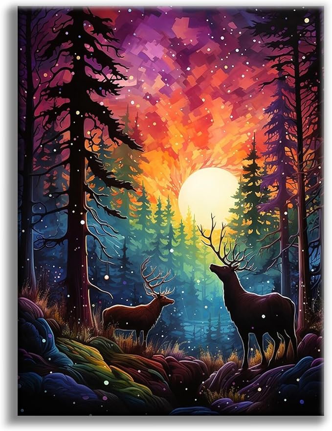 Diamond Art Kits for Adults, Sunset DIY 5D Diamond Painting for Beginners | 12x16 Inch, Full Drill Round Dots, Rainbow Forest Deer Gem Art Craft Kits, Home Wall Decor, Stress Relief Relaxing Hobby Gift