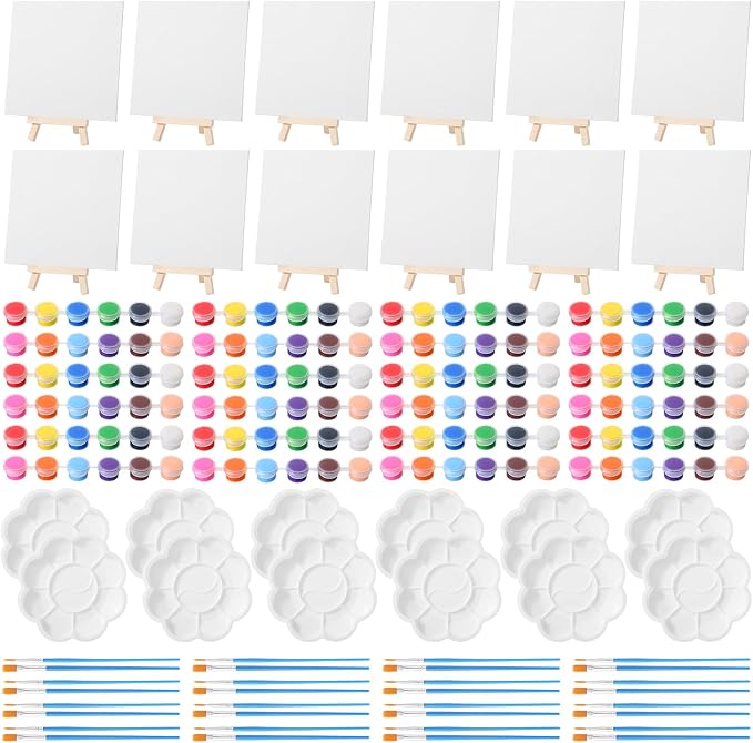 Qilery 12 Set Canvas Painting Kit, Mini Canvas with Wooden Easels Acrylic Paints Strips, Brushes, Palette, Art Set for Acrylic Oil Watercolor Adults Birthday Party Favors(6 x 6 Inch)