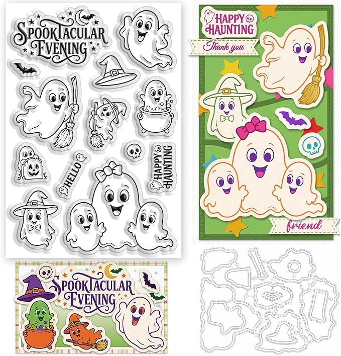 2Pcs Halloween Ghost Stamps and Dies Set for Card Making | Halloween Theme Clear Stamps and Metal Cutting Dies for Paper Crafting Painting Stencil for DIY Scrapbooking Greeting Card