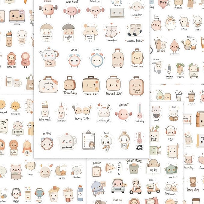 250 Pcs Planner Stickers, Kawaii Cute Daily Life Self-Care Stickers for Calendar Notebook Diary Bullet Journal Scrapbook, 7 Sheets