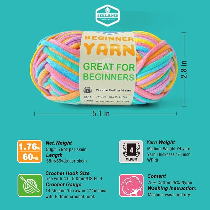 Easy Yarn for Beginner - Crocheting and Knitting Yarn |3 * 1.76oz/60yds; Easy-to-See Stitches; Worsted-Weight Medium #4; Cotton Blend; Amigurumi Crochet Kit(Petal+Blue+Merry Pink)