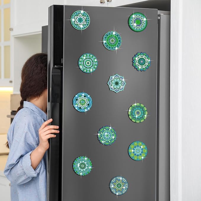 Zonon 12 Pcs Mandala Diamond Art Fridge Magnets, Teal Green | Refrigerator Magnets for Whiteboard Locker Office, Boho Turquoise Diamond Painting Patterns, Round Hexagon Designs