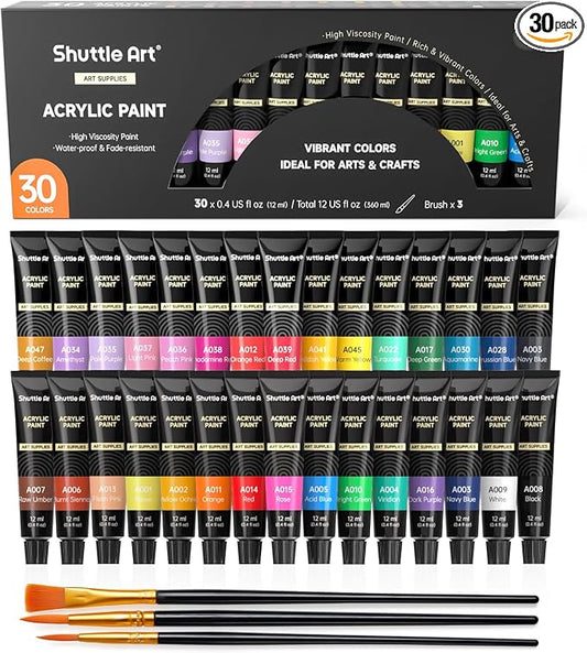 Shuttle Art Acrylic Paint Set, 30 x12ml Tubes Artist Quality Non Toxic Rich Pigments Colors Great for Kids Adults Professional Painting on Rocks Canvas Wood Clay Fabric Ceramic Crafts