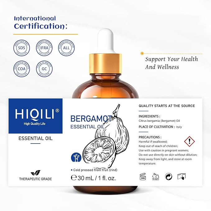 HIQILI Bergamot Essential Oil for Skin, Diffuser & Hair