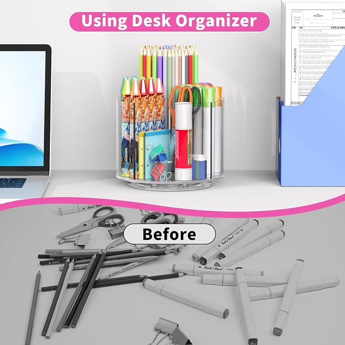Small Pencil Organizer for Desk Acrylic Art Organizer Clear 4 Compartments | Rotating Art Supply Organizer for Kid, Spinning Marker Caddy Pen Organizer for Desk, Acrylic Pen and Pencil Organizer Storage