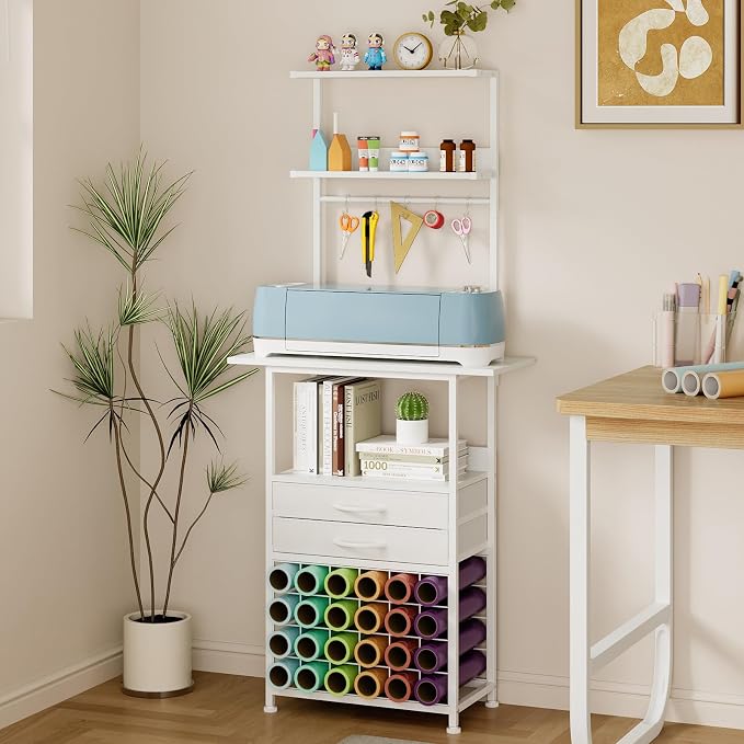 VENNQD Stand Compatible with Cricut Maker and Cricut Explore Air Series Craft Organizers and Storage with 2 Fabric Drawer and Shelves Crafting Table with Vinyl Roll Holder Workstation, White
