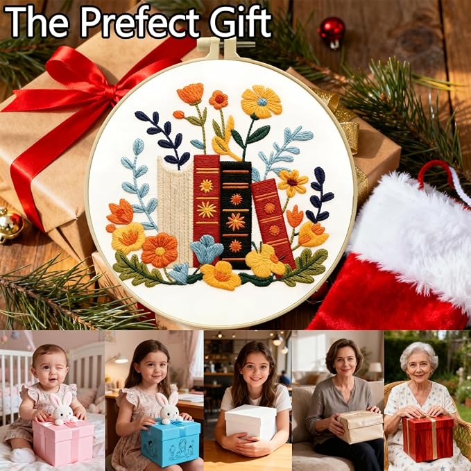 Zhenqing Book Lover Embroidery Kit for Beginners, Floral Book Stack Needlework Craft with Pre-Printed Cotton Fabric, Hoop, Threads & Tools, Reading Decor (C0071)