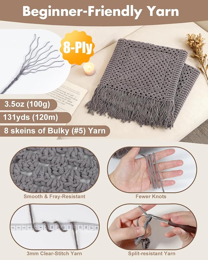 Arborthread Crochet Kit for Beginners, Easy All-Season Pocket Shawl & Scarf Crochet Kit for Adults w/Ample Premium Yarn to Fit Different Sizes, Step-by-Step Video & Instructions, Grey