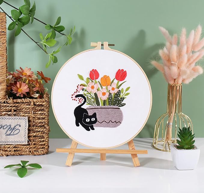 GLTAYLMY 3pcs Embroidery Kit for Beginners DIY Adult Beginner Embroidery Kits with Cat Pattern 1 Embroidery Hoops Needles Threads and Instructions