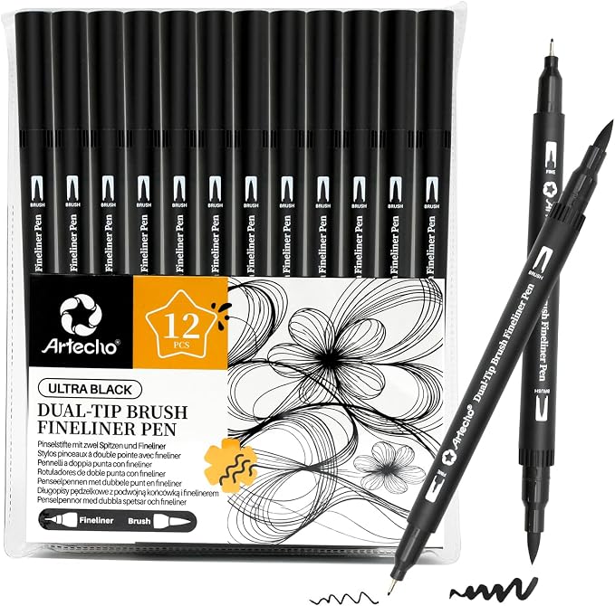 Artecho 12pcs Black Colors Dual Tip Markers for Drawing | Drawing Pens For School, Fine and Brush Tip, Calligraphy, Drawing, Sketching