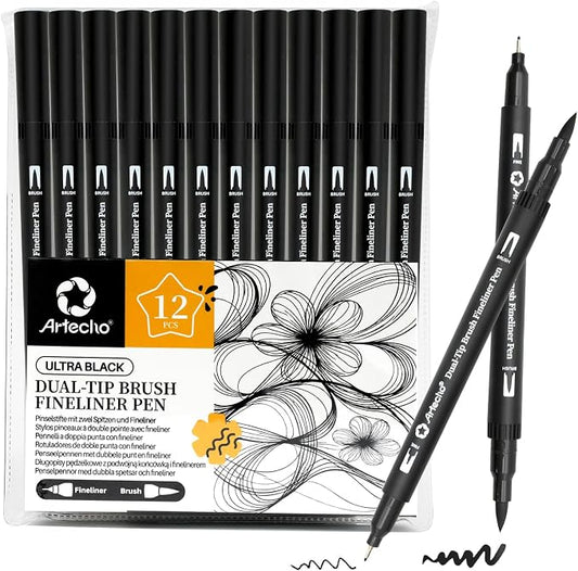 Artecho 12pcs Black Colors Dual Tip Markers for Drawing | Drawing Pens For School, Fine and Brush Tip, Calligraphy, Drawing, Sketching