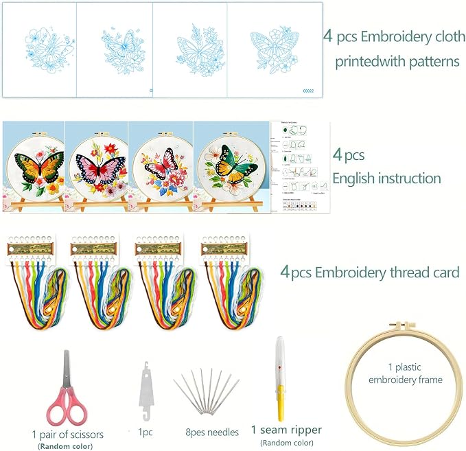 Zhenqing Butterfly Embroidery Kit 11.4x11.4 Inch - Complete Embroidery Set with Fabric, Threads, Needles & Hoop - Beginner-Friendly DIY Craft Kit for Adults (C0040)