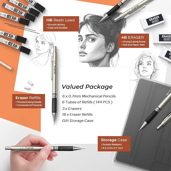 Nicpro 0.7 mm Art Mechanical Pencils Set in Storage Case, 6 PCS | Metal Drafting Pencil Lead Pencil+6 Tube Lead Refills, Eraser, Comfort Grip For for School Writing, Artist Drawing Sketching