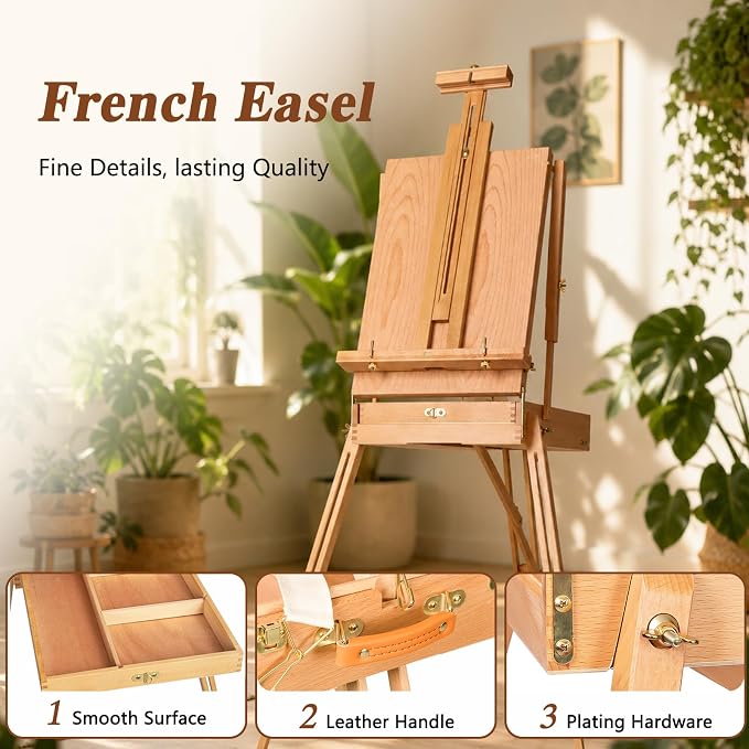 DJAR Beechwood French Easel with Shoulder Strap, Holds Canvas up to 34" | Adjustable, Palette, Level Instrument, Scale Leg, Outdoor & Indoor, Tabletop & Floor Use for Professional & Beginner Artists