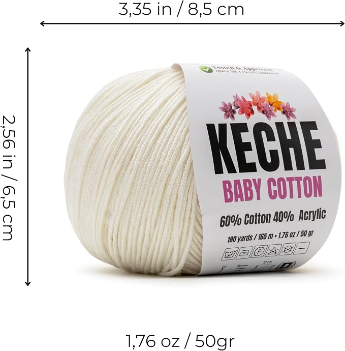 Keche Baby Cotton, 60% Cotton 40% Acrylic Yarn, Soft Cotton Yarn for Crochet and Knitting, Amigurumi Yarn 1 Skein/Ball 1.76 Oz (50g) / 180 Yrds (165m) - Off White