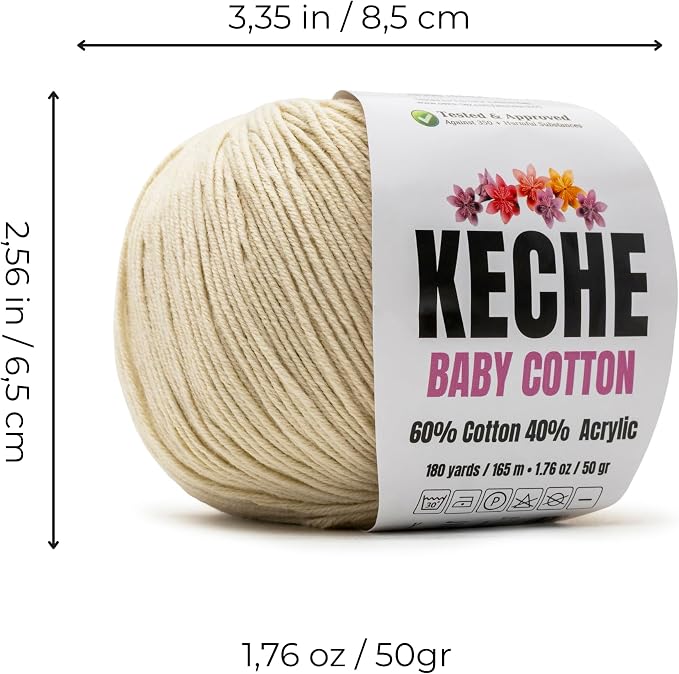 Keche Baby Cotton, 60% Cotton 40% Acrylic Yarn, Soft Cotton Yarn for Crochet and Knitting, Amigurumi Yarn 1 Skein/Ball 1.76 Oz (50g) / 180 Yrds (165m) - Ecru