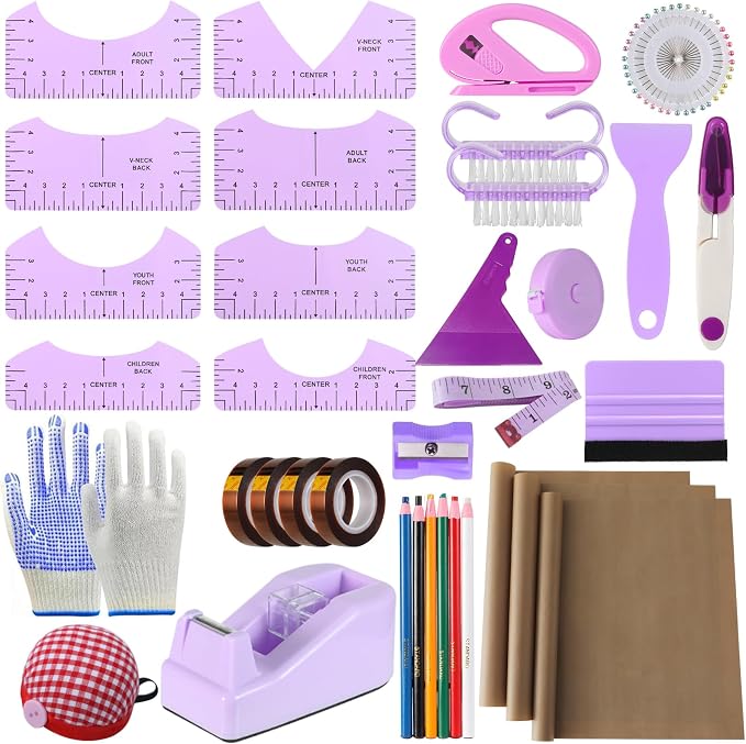 XEUZK Sublimation Shirts Tool Kits With 8 T Shirt rulers, 3Pack Teflon Sheet for Heat Press 12*16in, Heat Resistant Gloves & Silicone Bumps, 2 Rolls Heat Resistant Tape & Sublimation pencil (Violet)