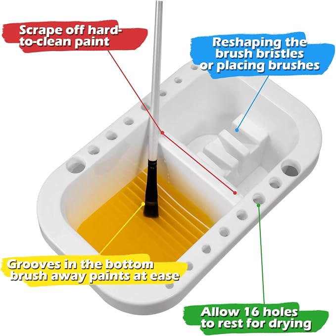 MyLifeUNIT Paint Brush Cleaner, Paint Brush Holder with Palette, White | 18 mixing wells, 16 slots fitting 0.24-0.63 in diameters, 3 washing compartments, removable tray lid