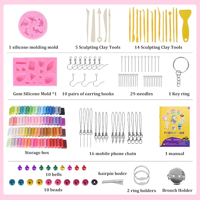 Aestd-ST Polymer Clay Kit 72 Colors, Oven Bake Modeling Clay for Kids | Molding Clay Kit, 20 Sculpting Tools & 82 DIY Accessories, Easy to Shape, Non-Sticky, Storage Box, Gift for Kids & Adults