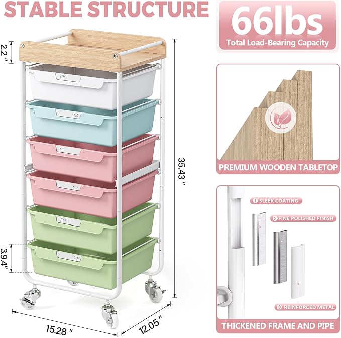 SYKIARIOL 6 Drawer Rolling Cart for Craft Storage,Utility Cart,Colourful | Organizer with Handle and Wooden Top,Storage on wheels for Office,Classroom,Laundry,Garage,Snack,Art Supply
