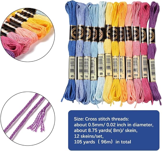 12 Skeins 105 Yards Variegated Rainbow Embroidery Floss for Craft
