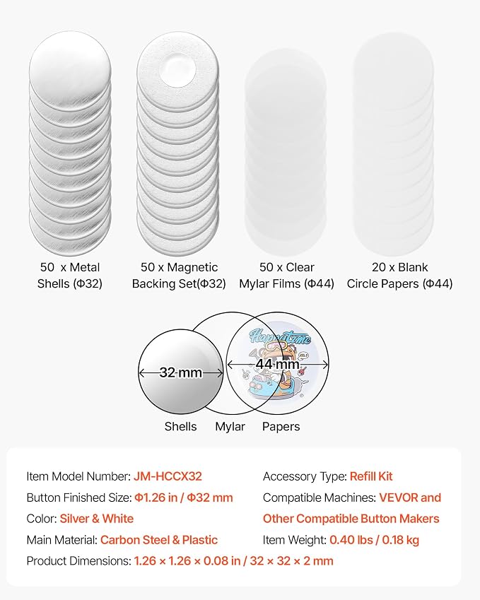 VEVOR Button Maker Supplies 50 Sets 1.25 in / 32 mm Refrigerator Magnets, Button Parts with Magnetic Backs, Metal Shells, Clear Mylar Films, and Blank Circle Papers, for Home DIY and Kitchen Decor