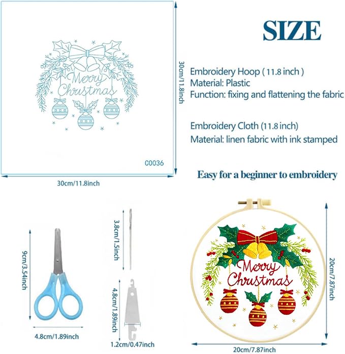Zhenqing Merry Christmas Embroidery Kit for Beginners, Red Bells and Ornaments Craft Set with 20cm Hoop, Printed Design on 29x29cm Cotton Fabric, DIY Holiday Wall Art (C0036)
