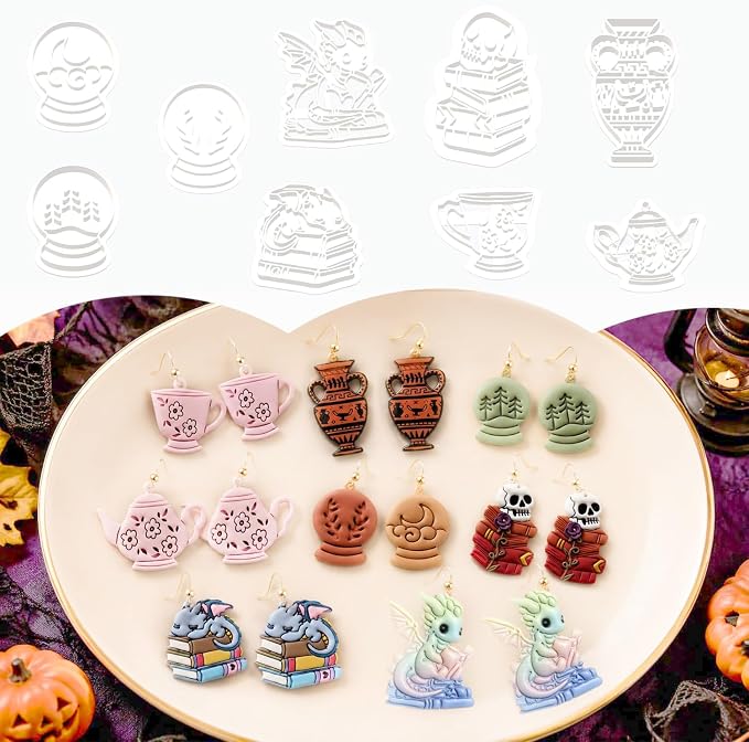 9 Pcs Hobby-Themed Polymer Clay Cutters Set - Teacup, Book & Mythical Creature Imprint Cutters for Polymer Clay Jewelry Making, Gift for Tea & Book Lovers