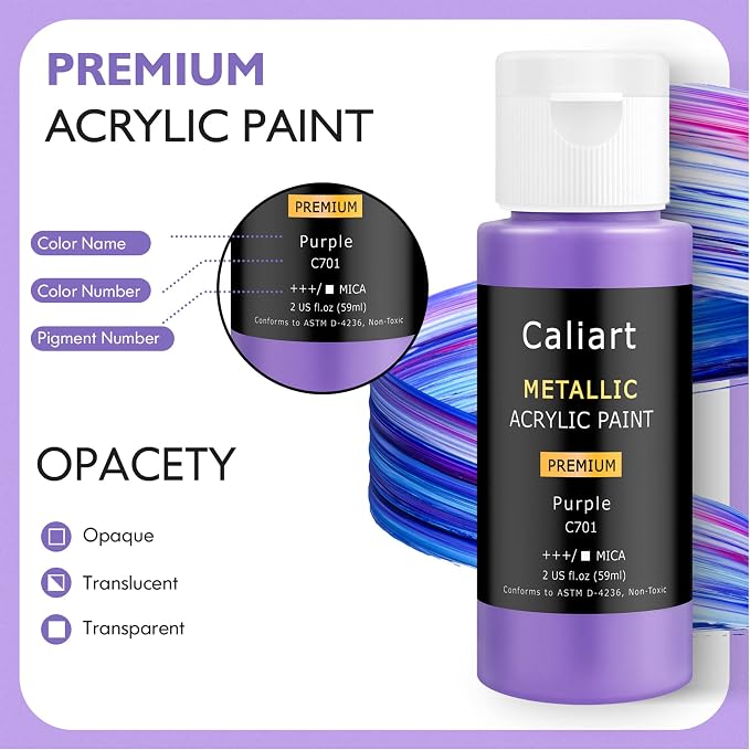 Caliart 24 Colors Acrylic Metallic Paint Set with 12 Brushes | Craft Painting kit for Adults Artists Beginners, Rich Pigment Non-toxic, Canvas Wood Rock Pumpkin Ceramic Art Supplies Paint