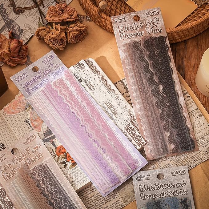240 Pcs Transparent Lace Stickers for Scrapbooking Junk Journal Card Making Collage Diary Planner Notebook Letter Photo Album Craft Project Decoration, 30 Patterns