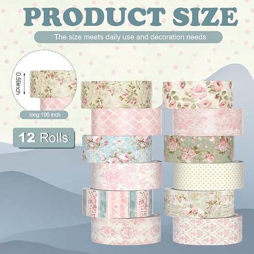 12 Rolls Floral Washi Tape Set,Vintage Pink,Rose | Watercolor Flowers Design for Scrapbook Journal DIY Craft School Supplies, 15 mm Vintage Decorative Masking Washi Tapes