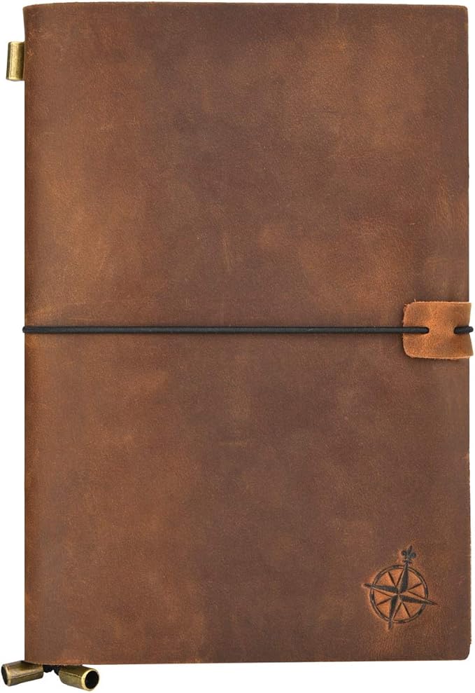 Wanderings A5 Travelers Notebook – Refillable Genuine Leather Journal – 6" x 8.5" (15 x 22cm) – Handcrafted Crazy Horse Leather – 120 GSM Blank Inserts – Travel Journal