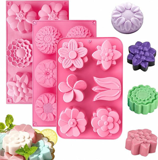Silicone Soap Molds, different Cavities Soap Mold with Different Shapes, Perfect for Soap Making, Handmade Cake Chocolate Desserts Biscuit Pudding Teacake Jelly （3 Pack - Flower）