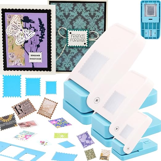 3 Pcs Stamp Punch, 1.5x1.25inch, 1x0.8inch, 0.6x0.5inch Rectangle Postage Stamp Punch Maker, Leaver Craft Stamps Cutter Hole Puncher Paper Punches for Crafting DIY Scrapbooking Journaling Card Making