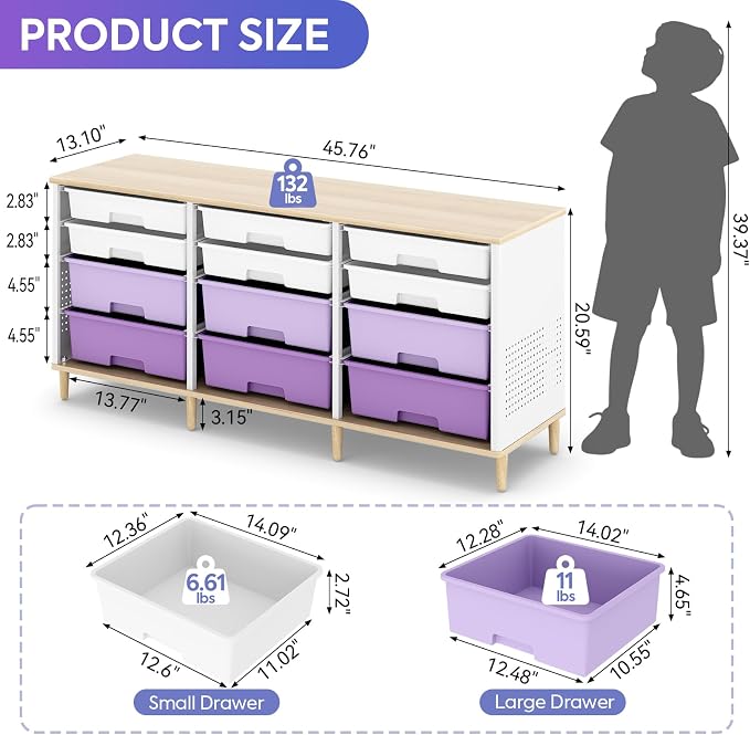 TOOLF 12 Drawers Storage Cabinet with Wooden Top and Plastic Bins,Purple | Toy Shelf Storage Chest Cubby Organizer, for Home, Office, Playroom, Classroom & Craft Room